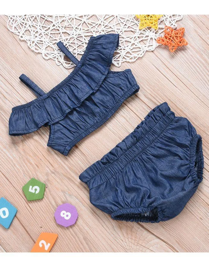 2-piece Baby Girl Denim Suspender Ruffle Crop Top   Bread Pants