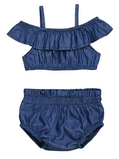 2-piece Baby Girl Denim Suspender Ruffle Crop Top   Bread Pants