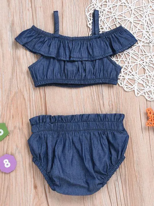 2-piece Baby Girl Denim Suspender Ruffle Crop Top   Bread Pants