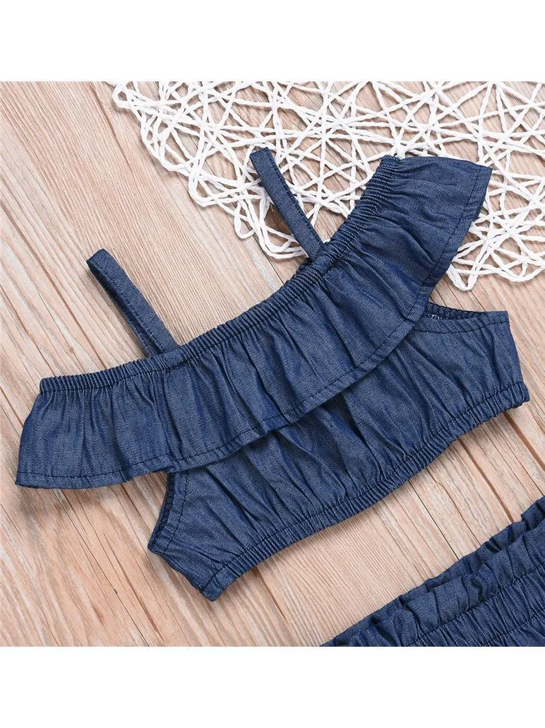 2-piece Baby Girl Denim Suspender Ruffle Crop Top   Bread Pants