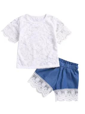 2-Piece Clothes Set White Pierced Flower T-shirt Lace-trimmed Short Pants