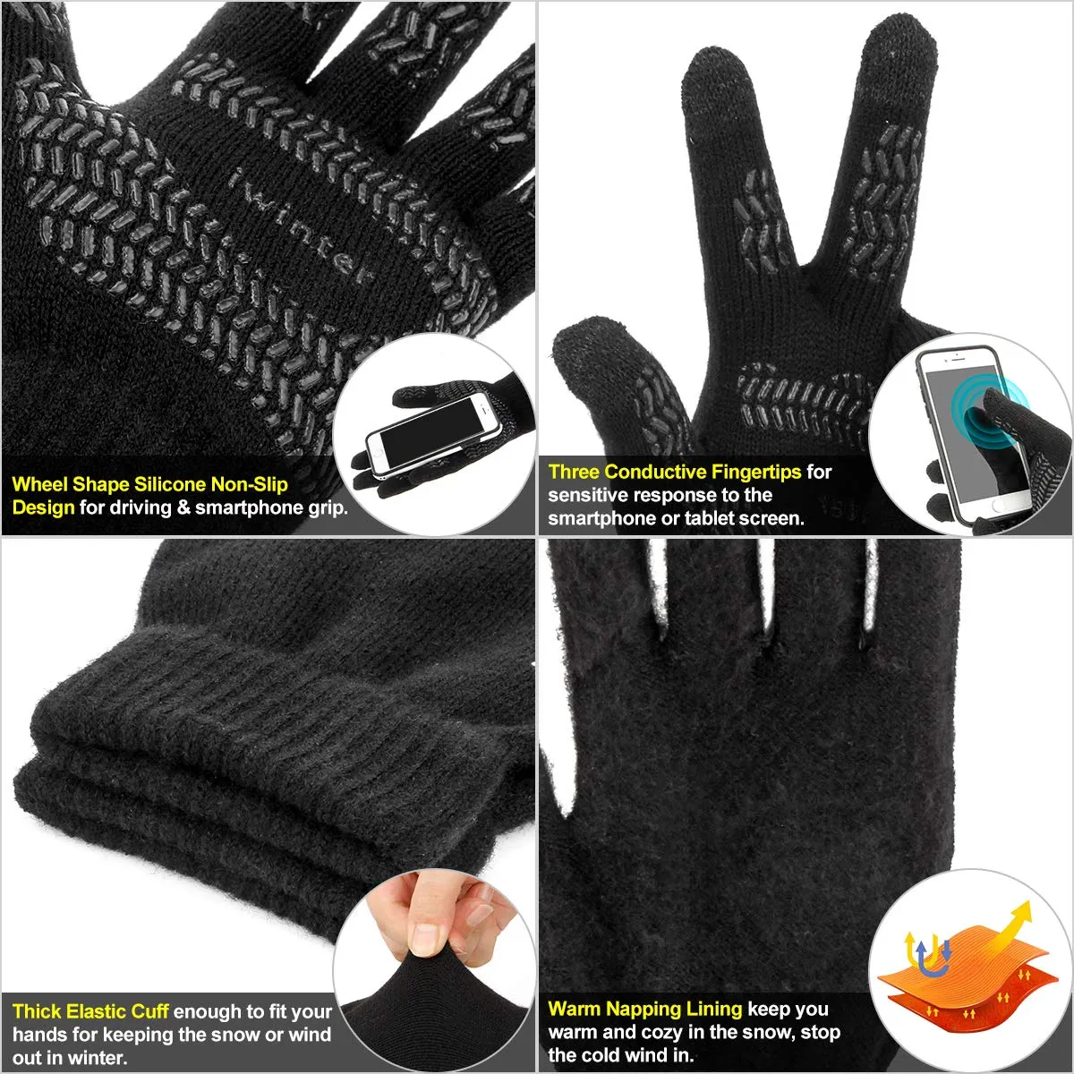 3 Pieces Winter Beanie Hat Scarf Set and Touch Screen Gloves Warm Thick Knit Fleece Lined Skull Cap Gifts for Men Women