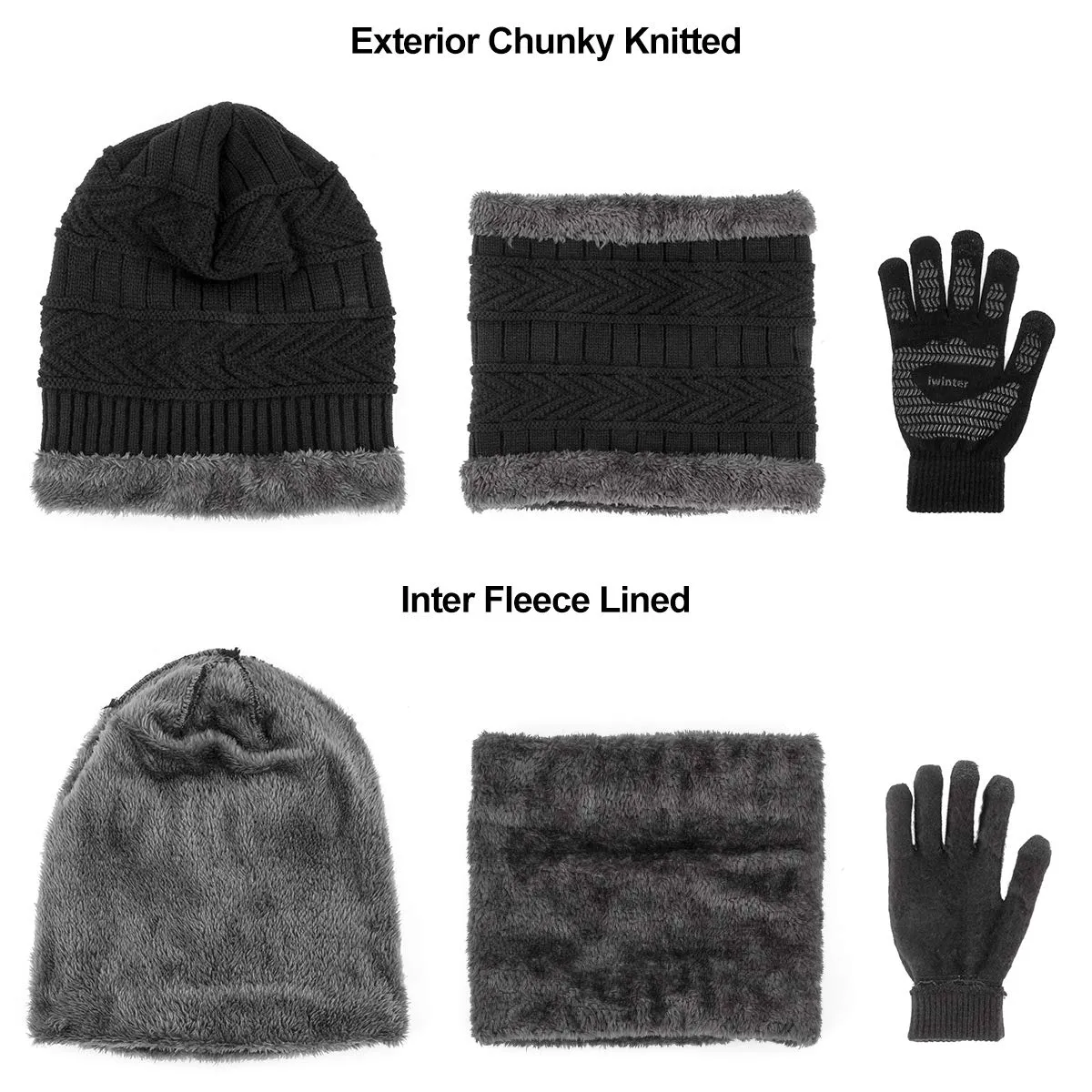 3 Pieces Winter Beanie Hat Scarf Set and Touch Screen Gloves Warm Thick Knit Fleece Lined Skull Cap Gifts for Men Women