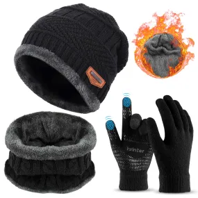 3 Pieces Winter Beanie Hat Scarf Set and Touch Screen Gloves Warm Thick Knit Fleece Lined Skull Cap Gifts for Men Women