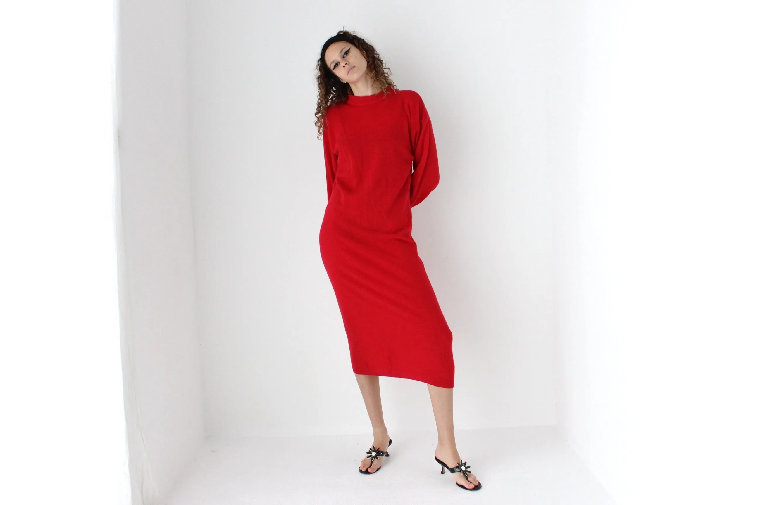 80s Lambswool & Nylon Knit Long Red Sweater Dress