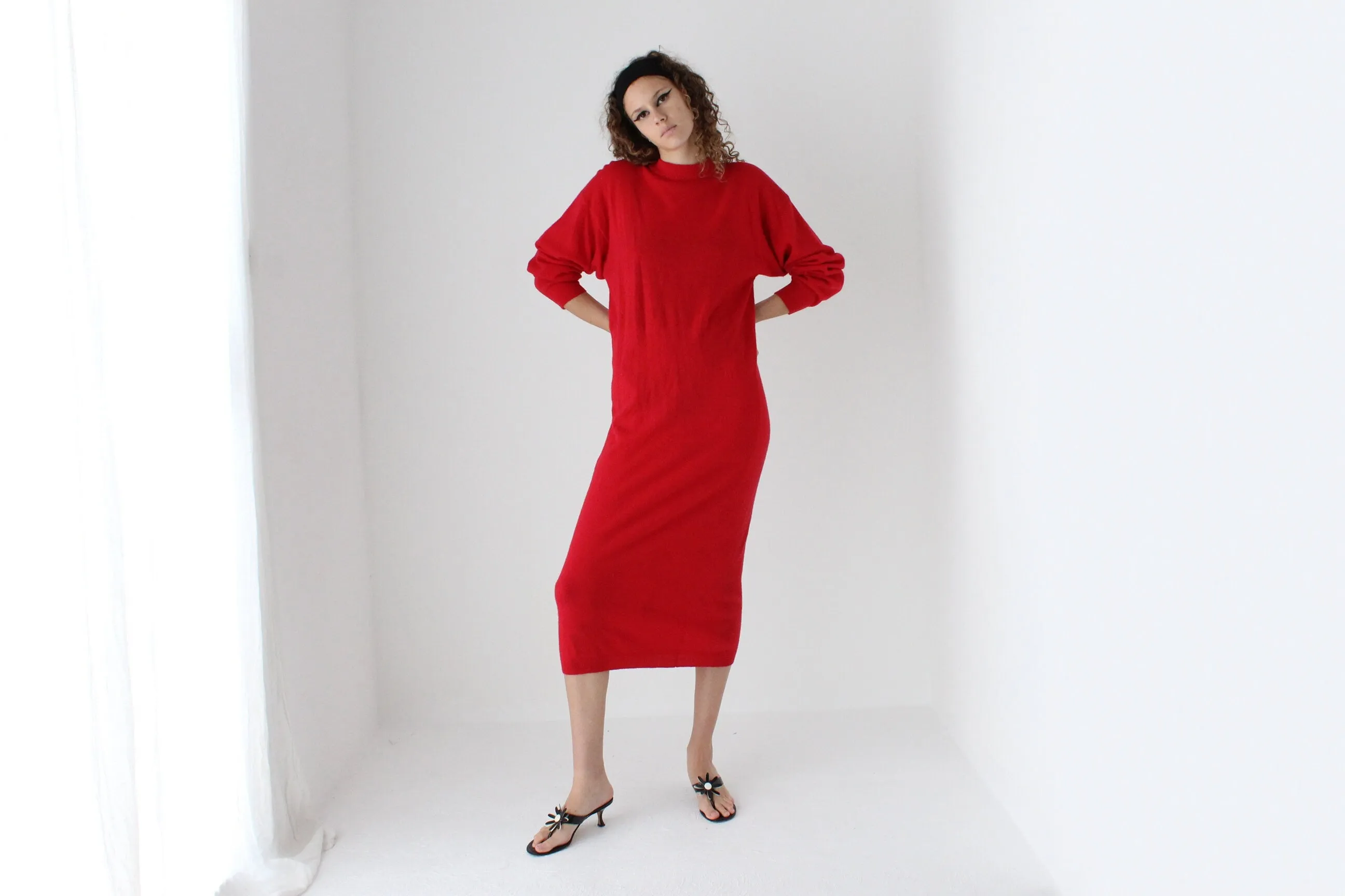 80s Lambswool & Nylon Knit Long Red Sweater Dress