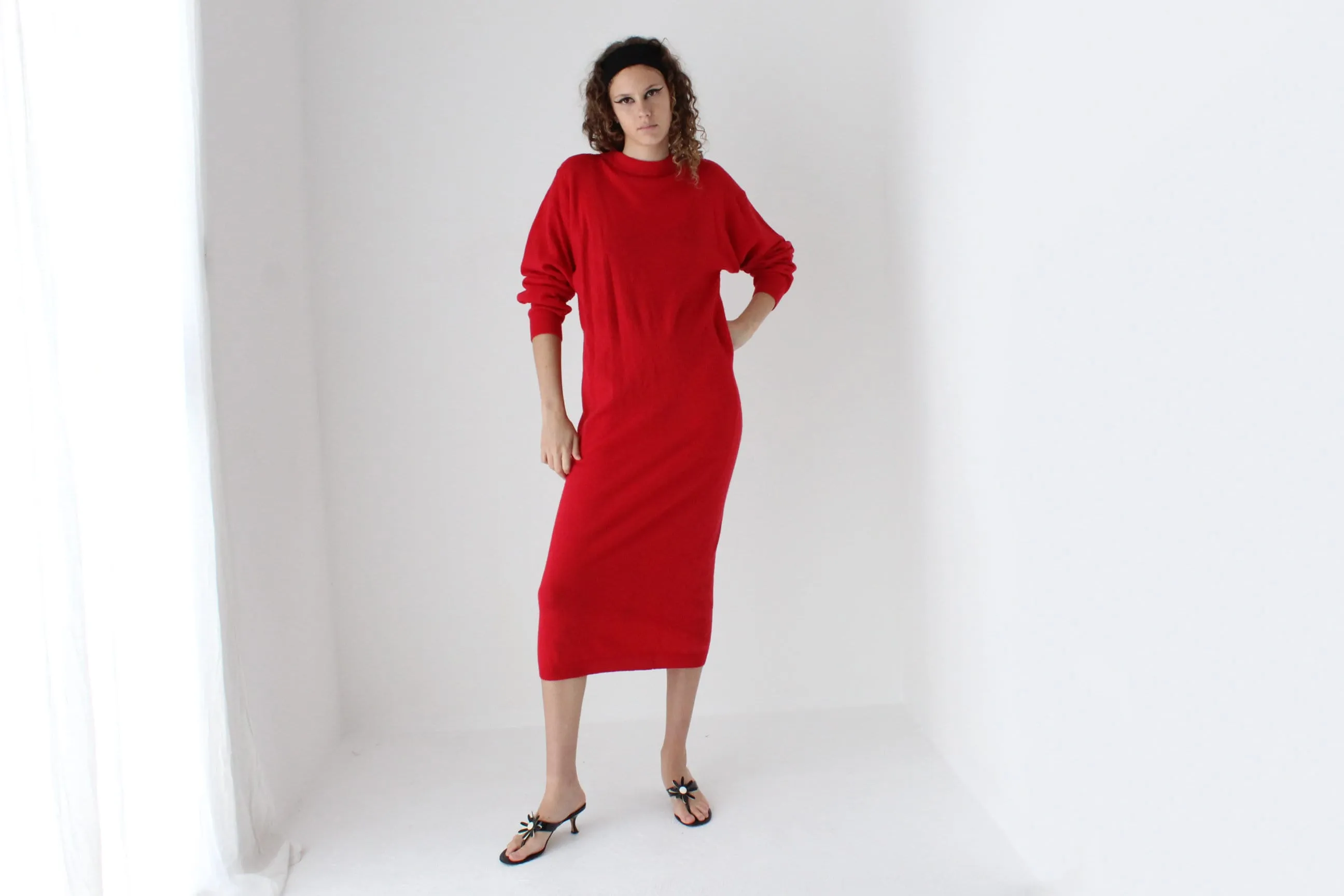 80s Lambswool & Nylon Knit Long Red Sweater Dress