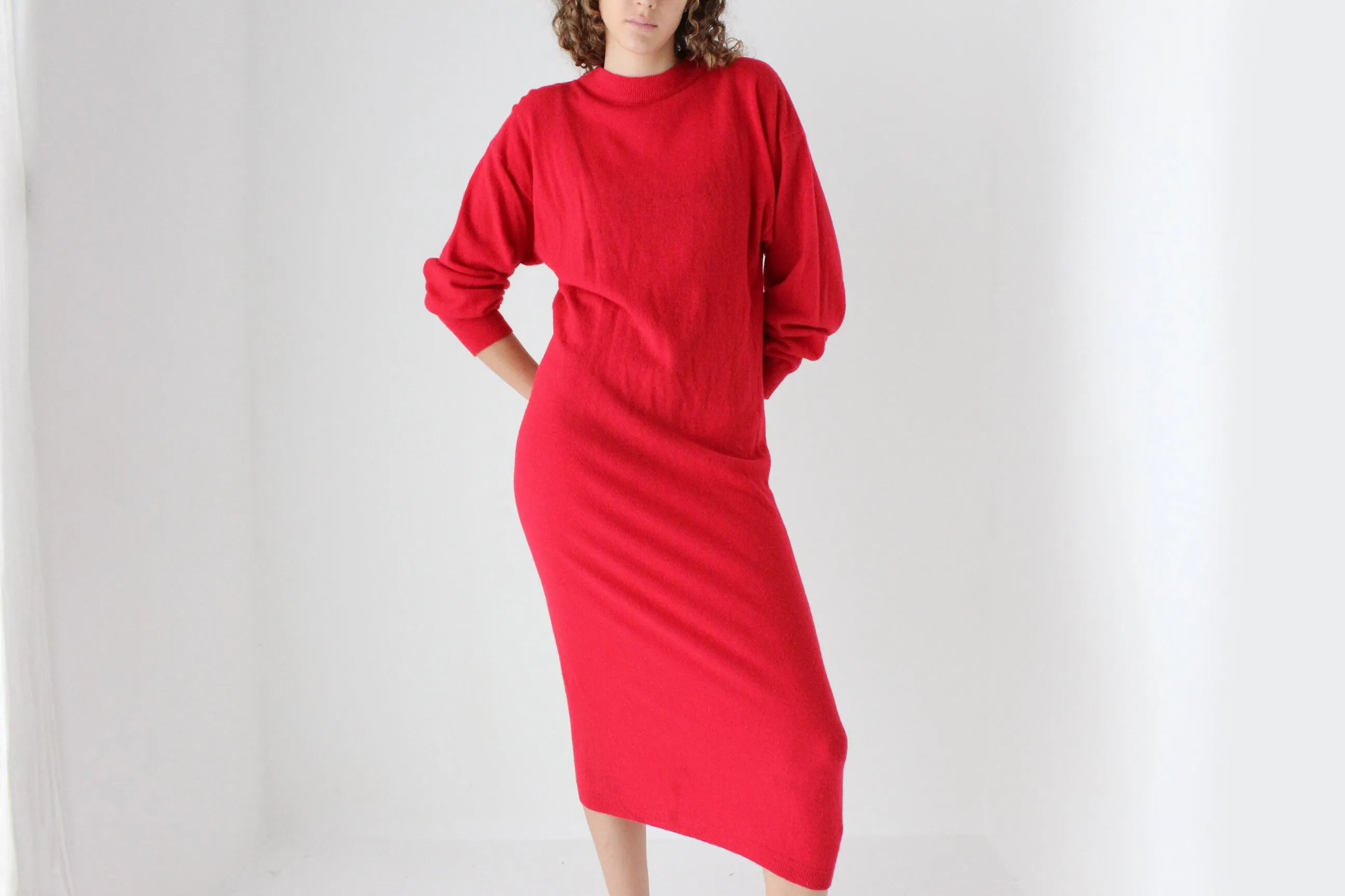 80s Lambswool & Nylon Knit Long Red Sweater Dress