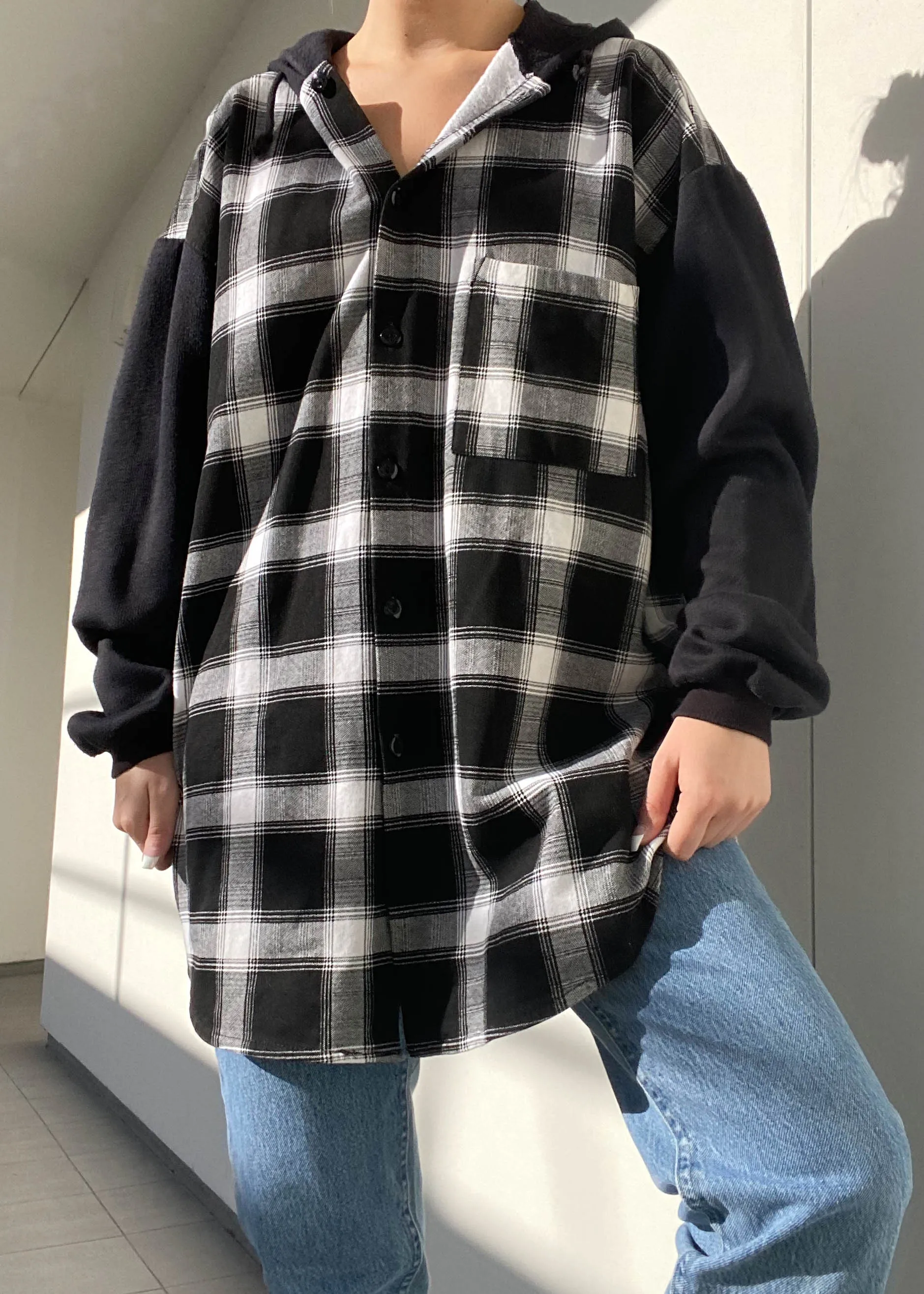 80's Plaid Button-Down Hoodie (L/XL)