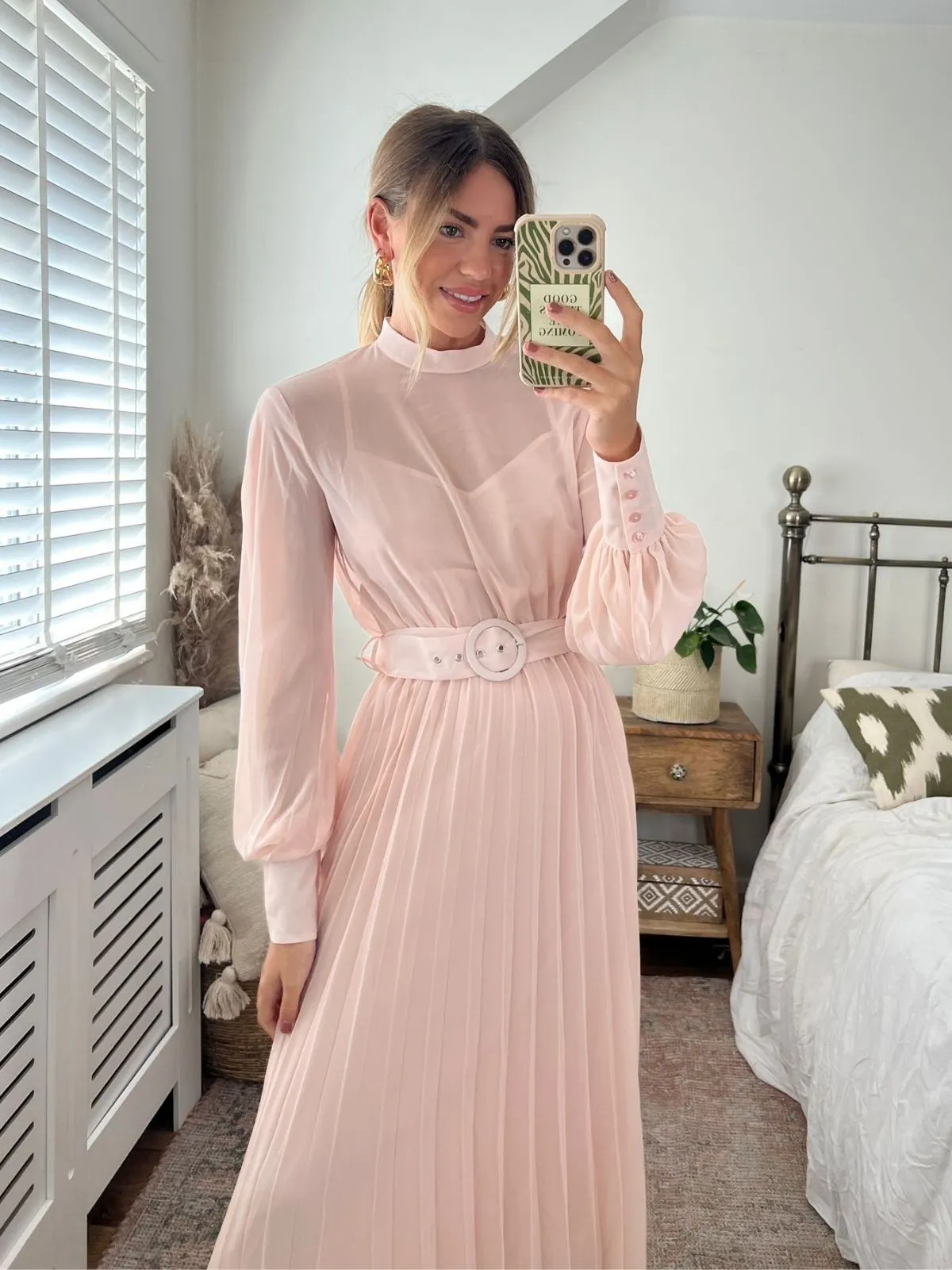 Angelina High Neck Pleated Dress / Blush