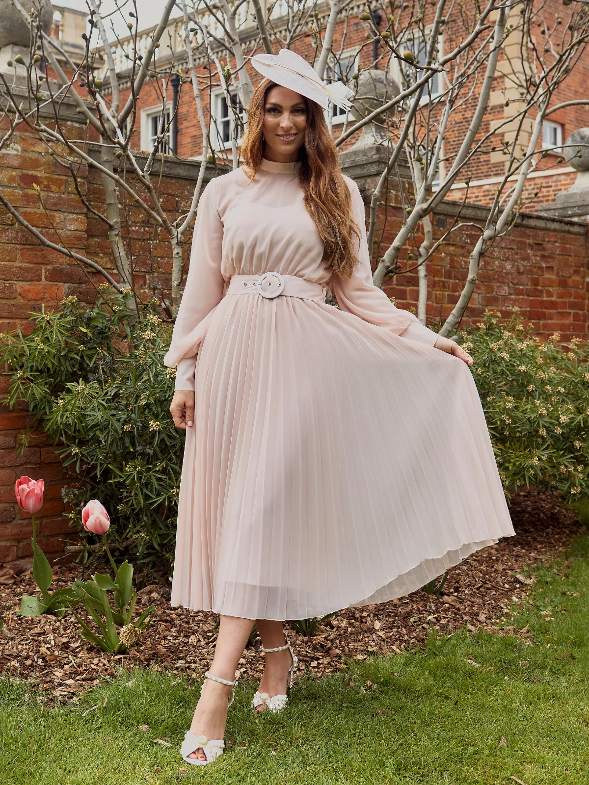 Angelina High Neck Pleated Dress / Blush