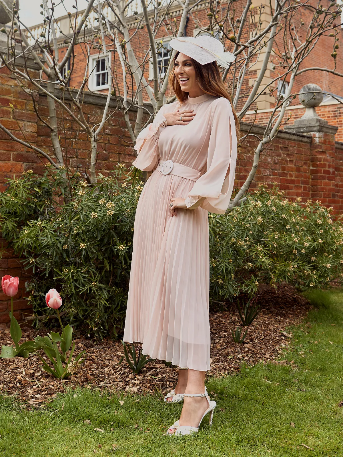 Angelina High Neck Pleated Dress / Blush