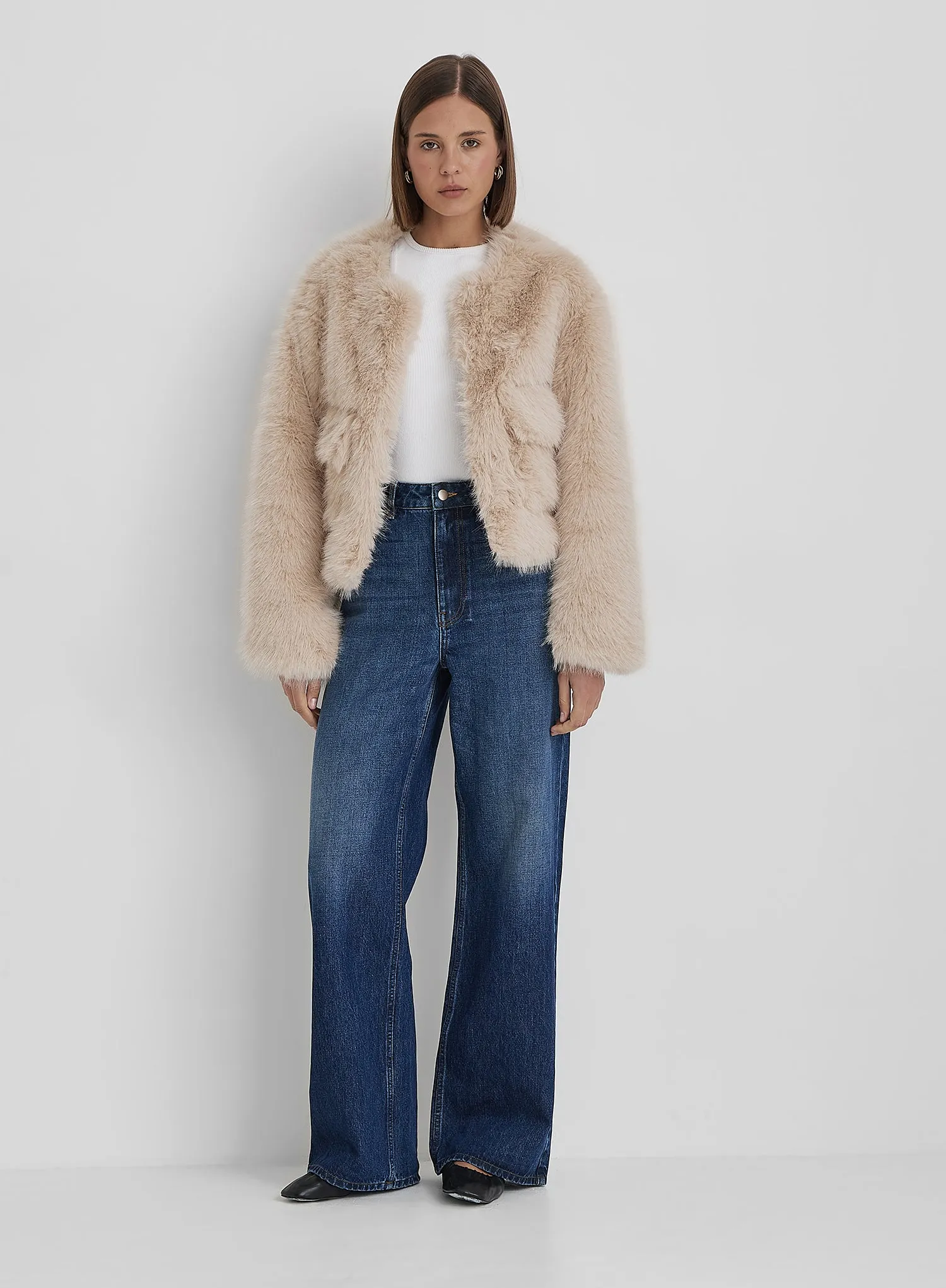 Beige Faux Fur Cropped Jacket- Reysha