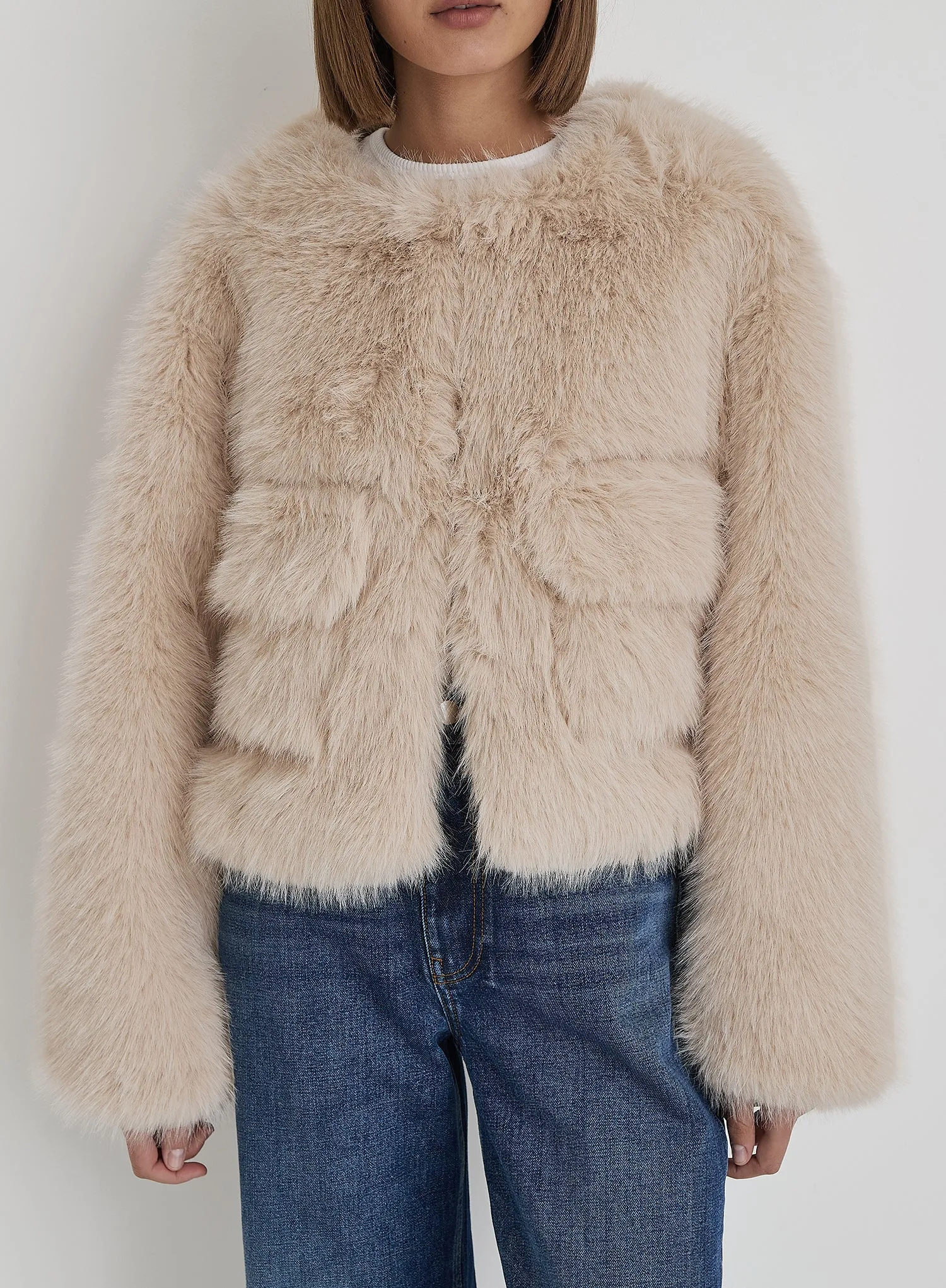 Beige Faux Fur Cropped Jacket- Reysha