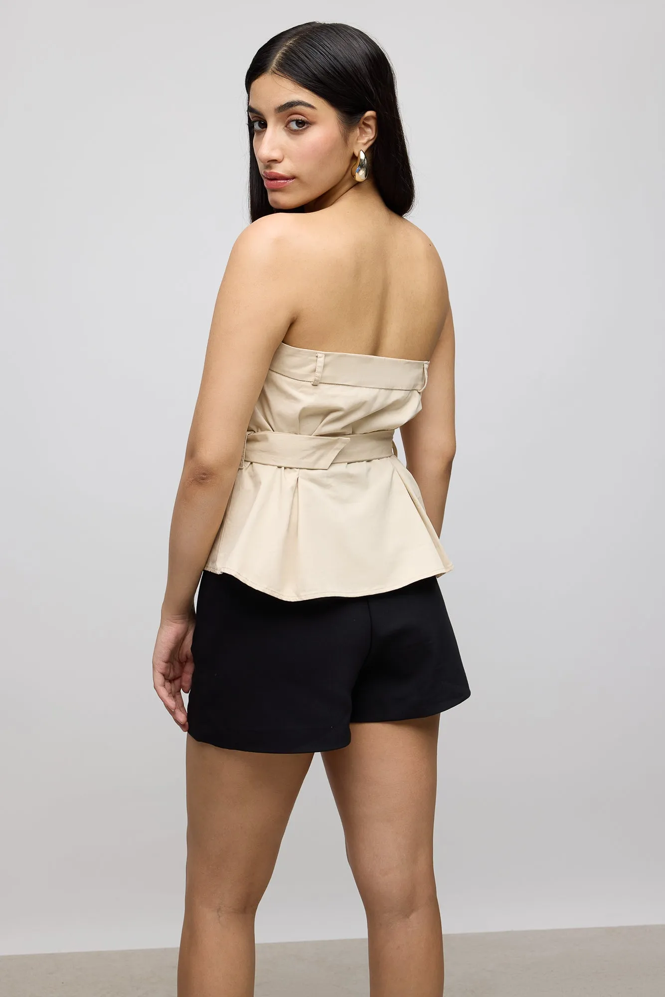 Beige Pleated Belt Tube Top