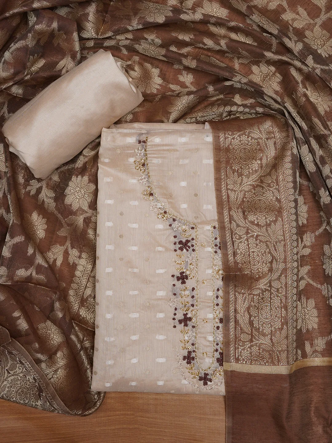 Beige Unstitched Silk Blend Embellished Dress Material With Dupatta