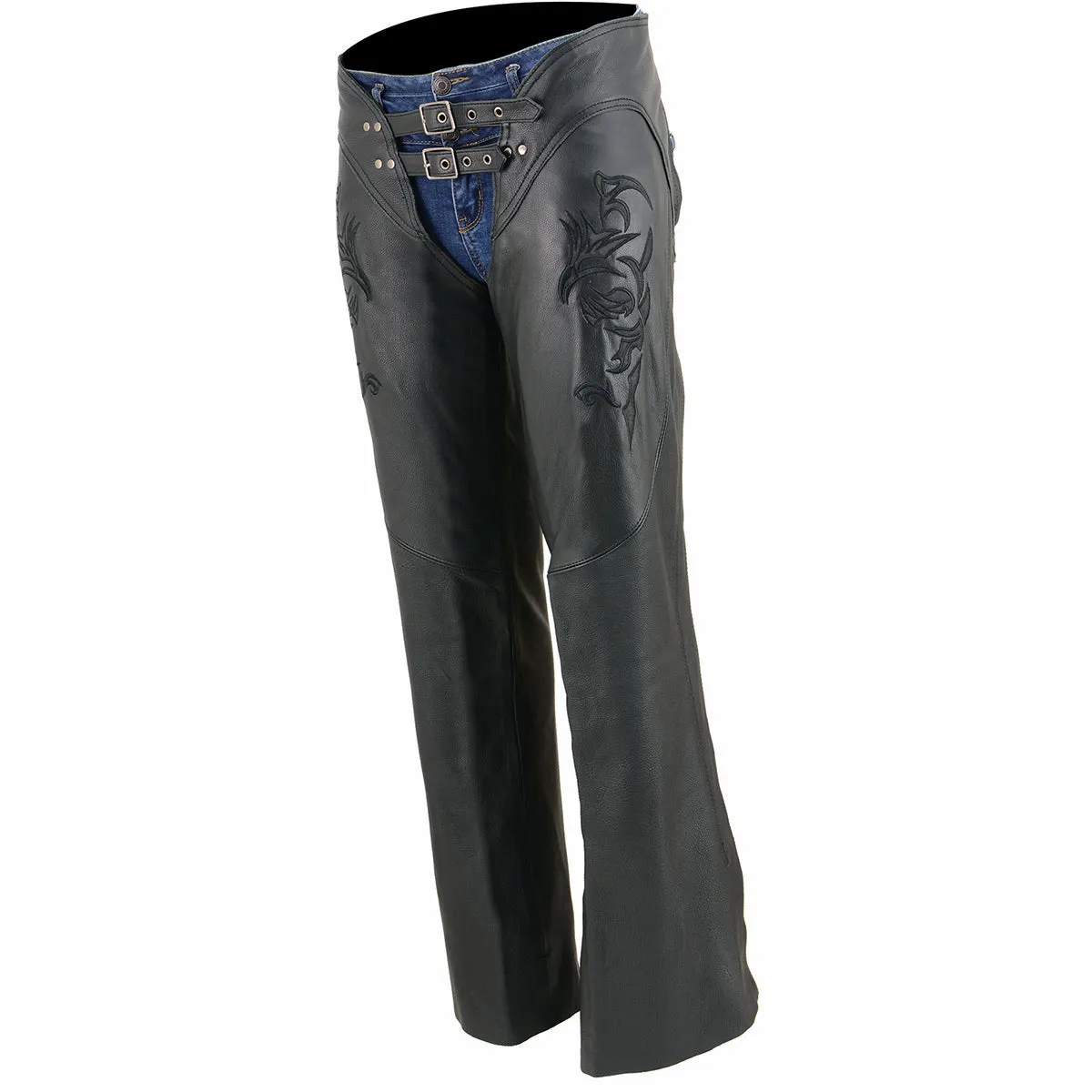 Black Leather Chaps for Women Black Low-Rise Waist- Double Buckle Reflective Embroidery Motorcycle Chap- ML1187