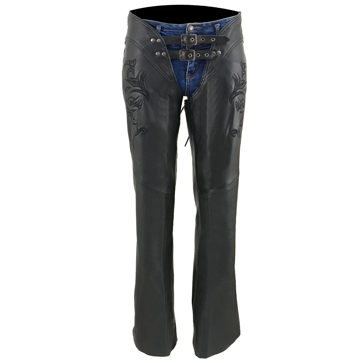 Black Leather Chaps for Women Black Low-Rise Waist- Double Buckle Reflective Embroidery Motorcycle Chap- ML1187