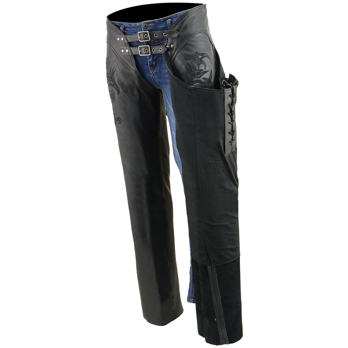 Black Leather Chaps for Women Black Low-Rise Waist- Double Buckle Reflective Embroidery Motorcycle Chap- ML1187