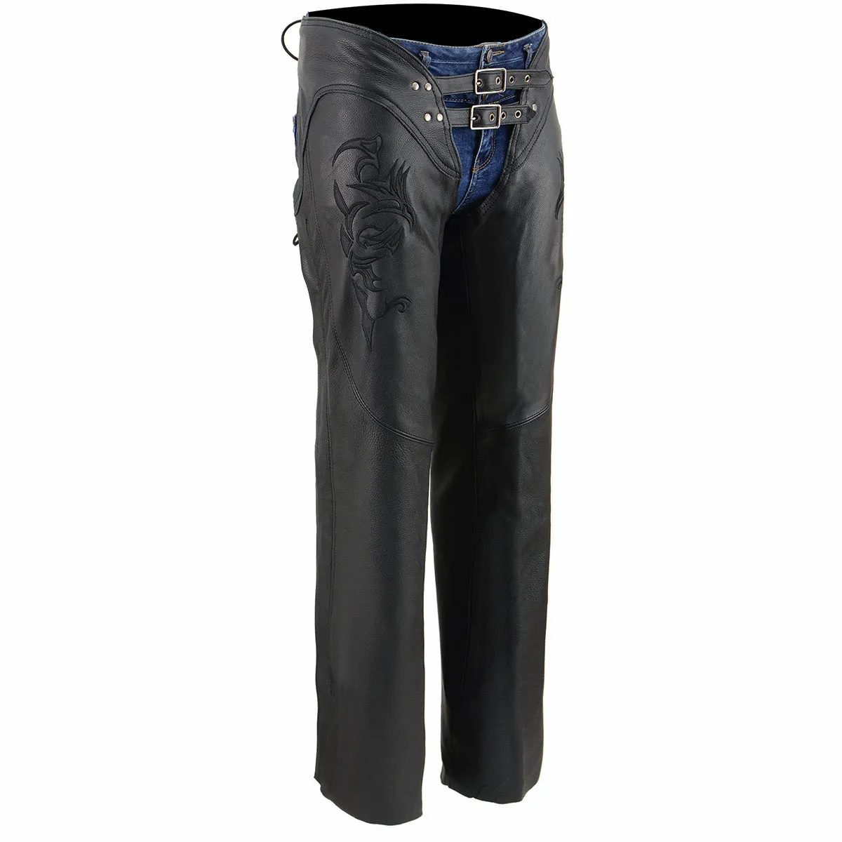 Black Leather Chaps for Women Black Low-Rise Waist- Double Buckle Reflective Embroidery Motorcycle Chap- ML1187