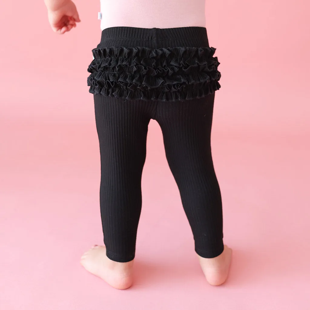 Black Ribbed Ruffled Bum Leggings