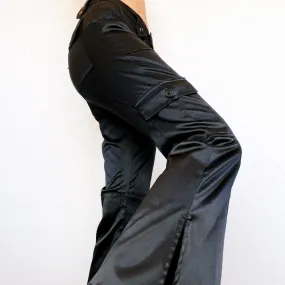 Black Satin Cargo Flare Pants