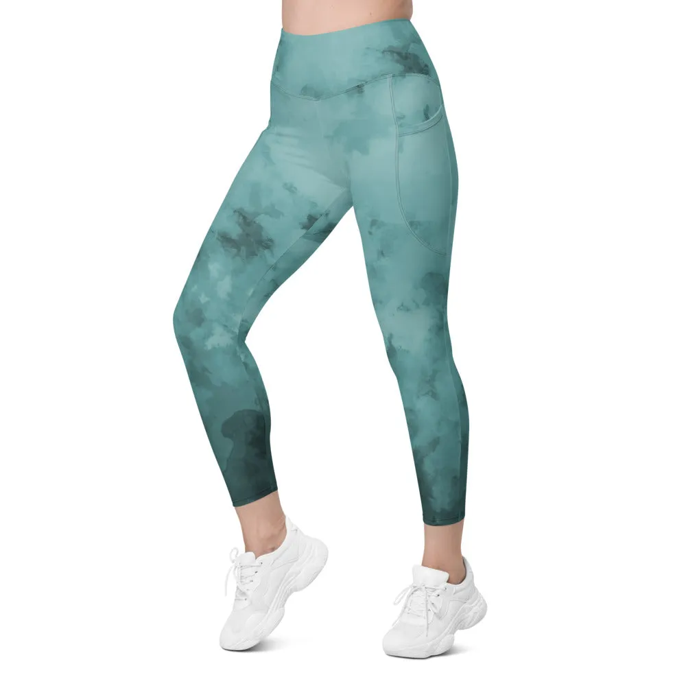 Blue Abstract Leggings With Pockets, Abstract Blue Green Best Leggings With Pockets For Women - Made in USA/EU/MX