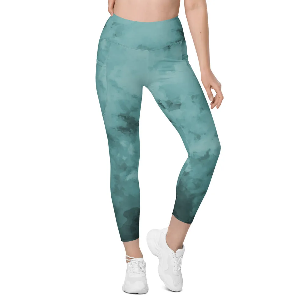 Blue Abstract Leggings With Pockets, Abstract Blue Green Best Leggings With Pockets For Women - Made in USA/EU/MX