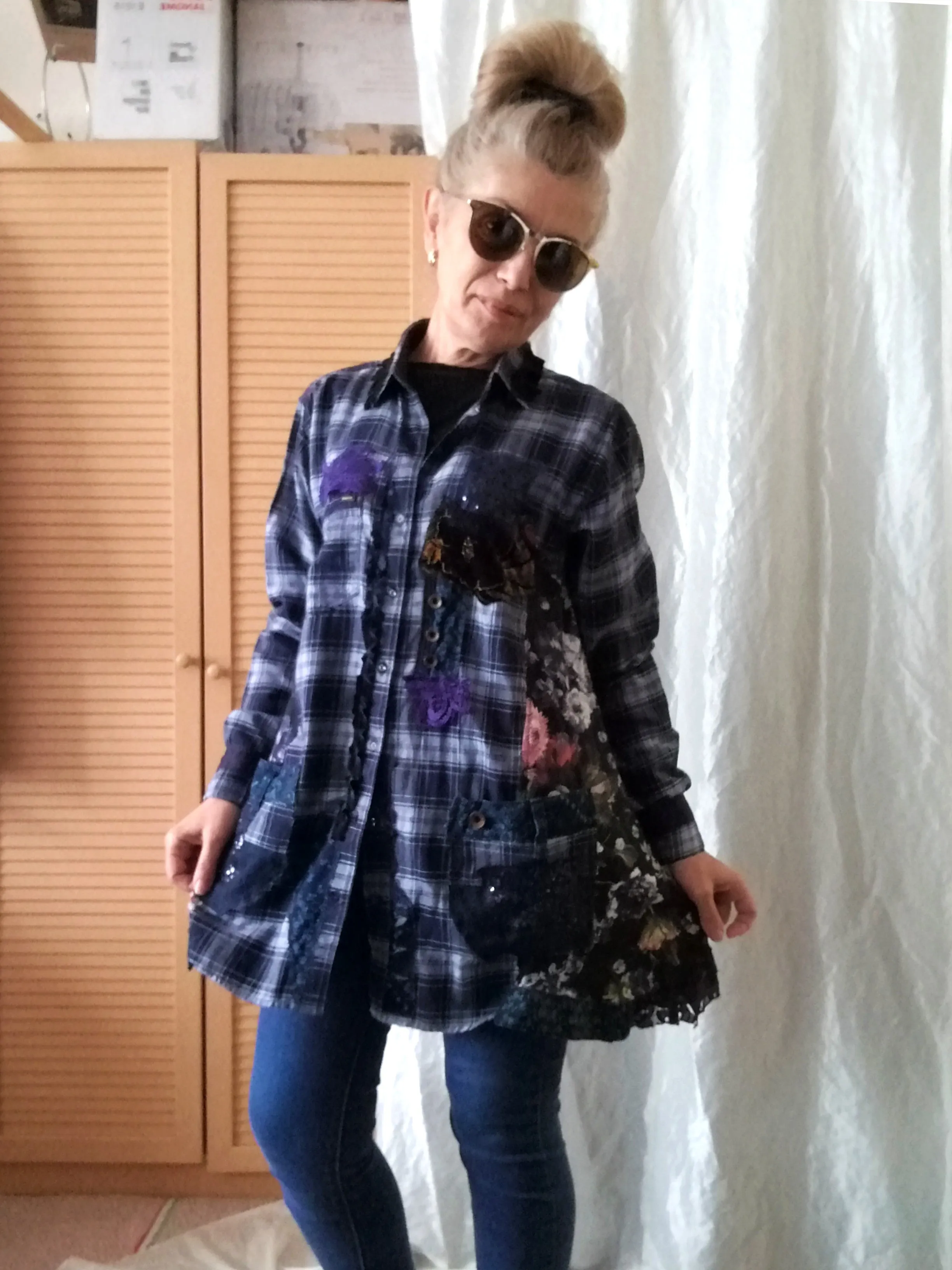 Blue Duster Dress,M Long Plaid Women`s Shirt