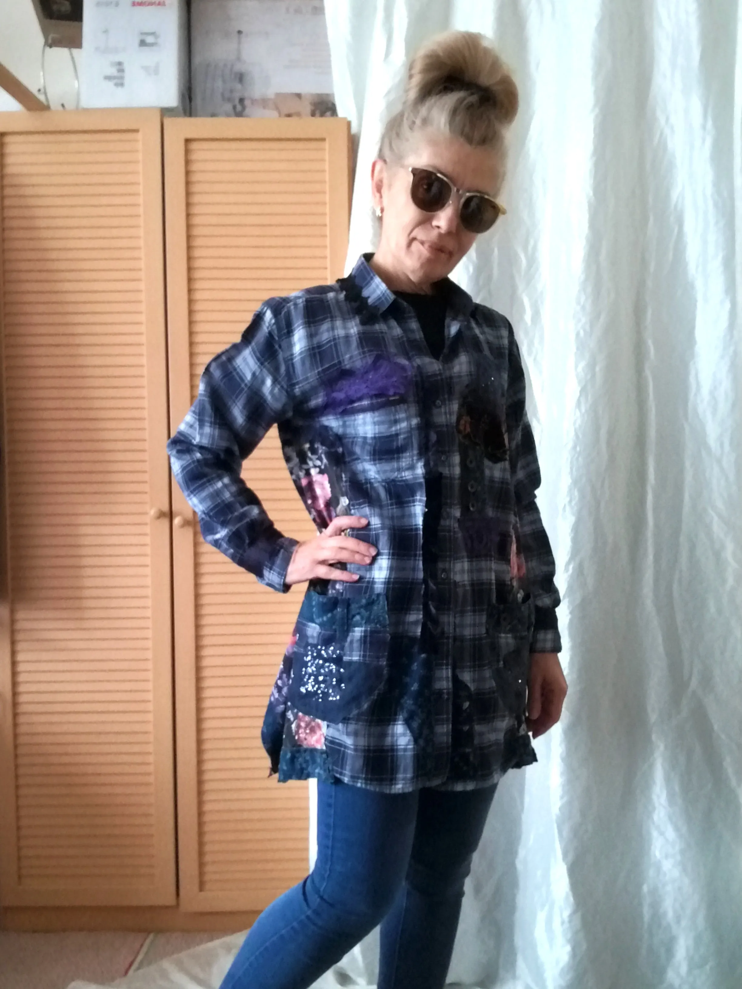 Blue Duster Dress,M Long Plaid Women`s Shirt