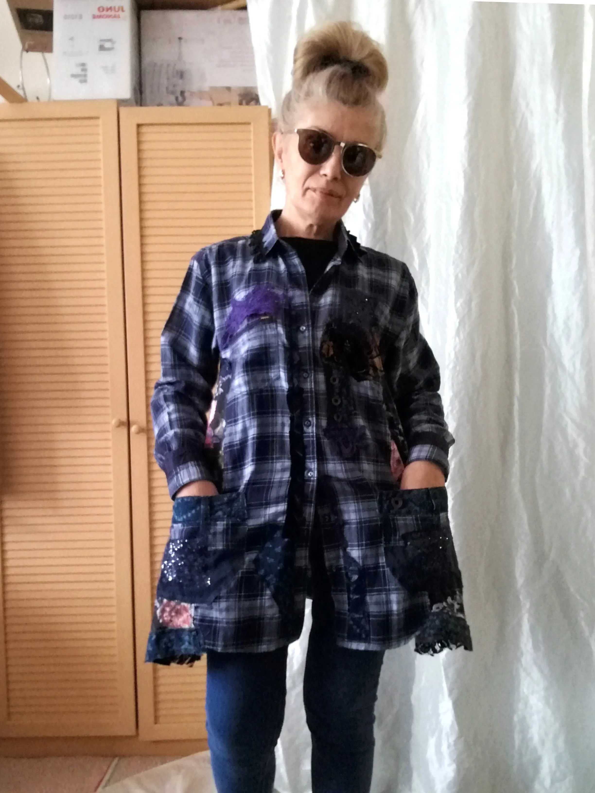 Blue Duster Dress,M Long Plaid Women`s Shirt