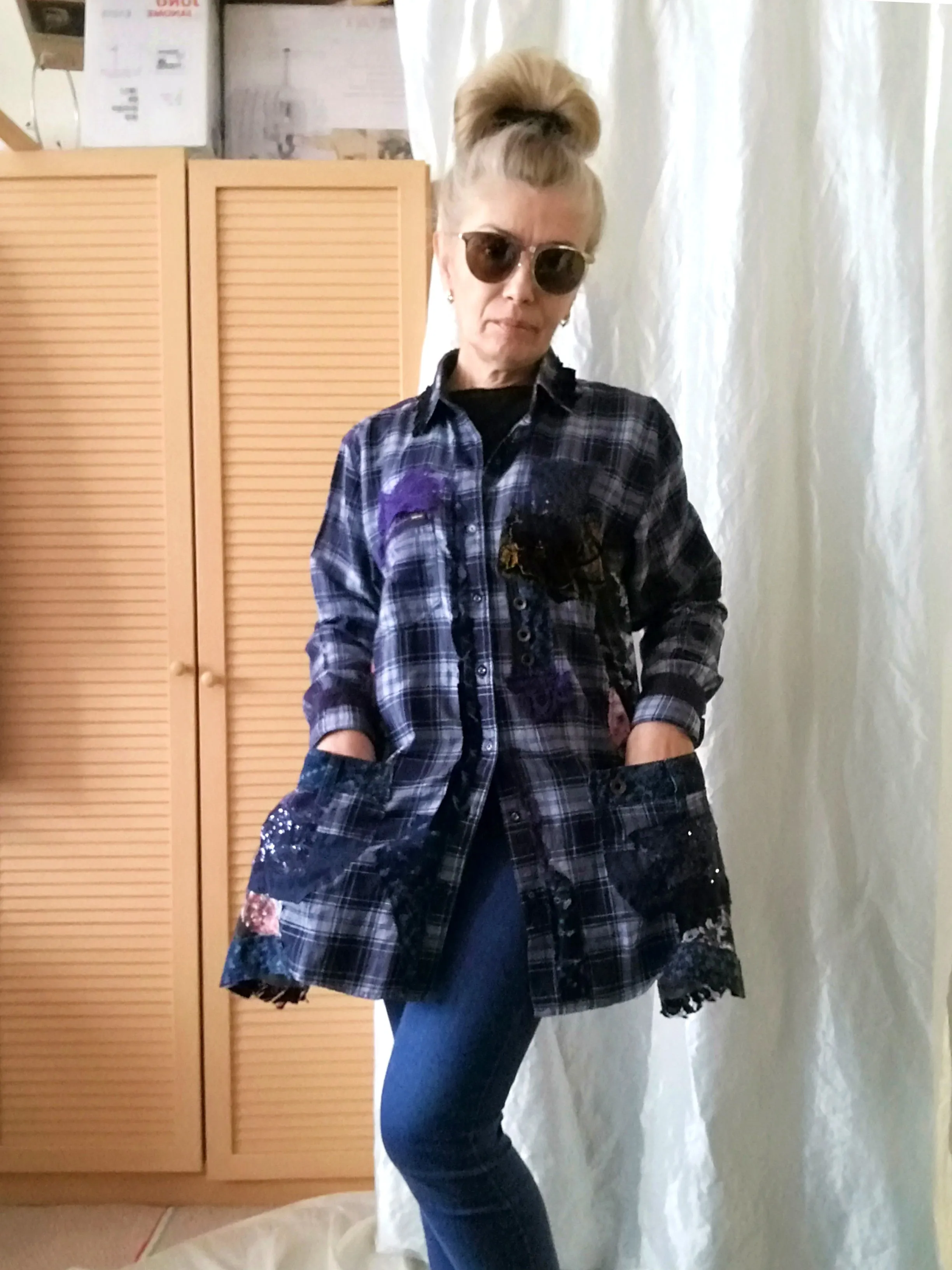 Blue Duster Dress,M Long Plaid Women`s Shirt