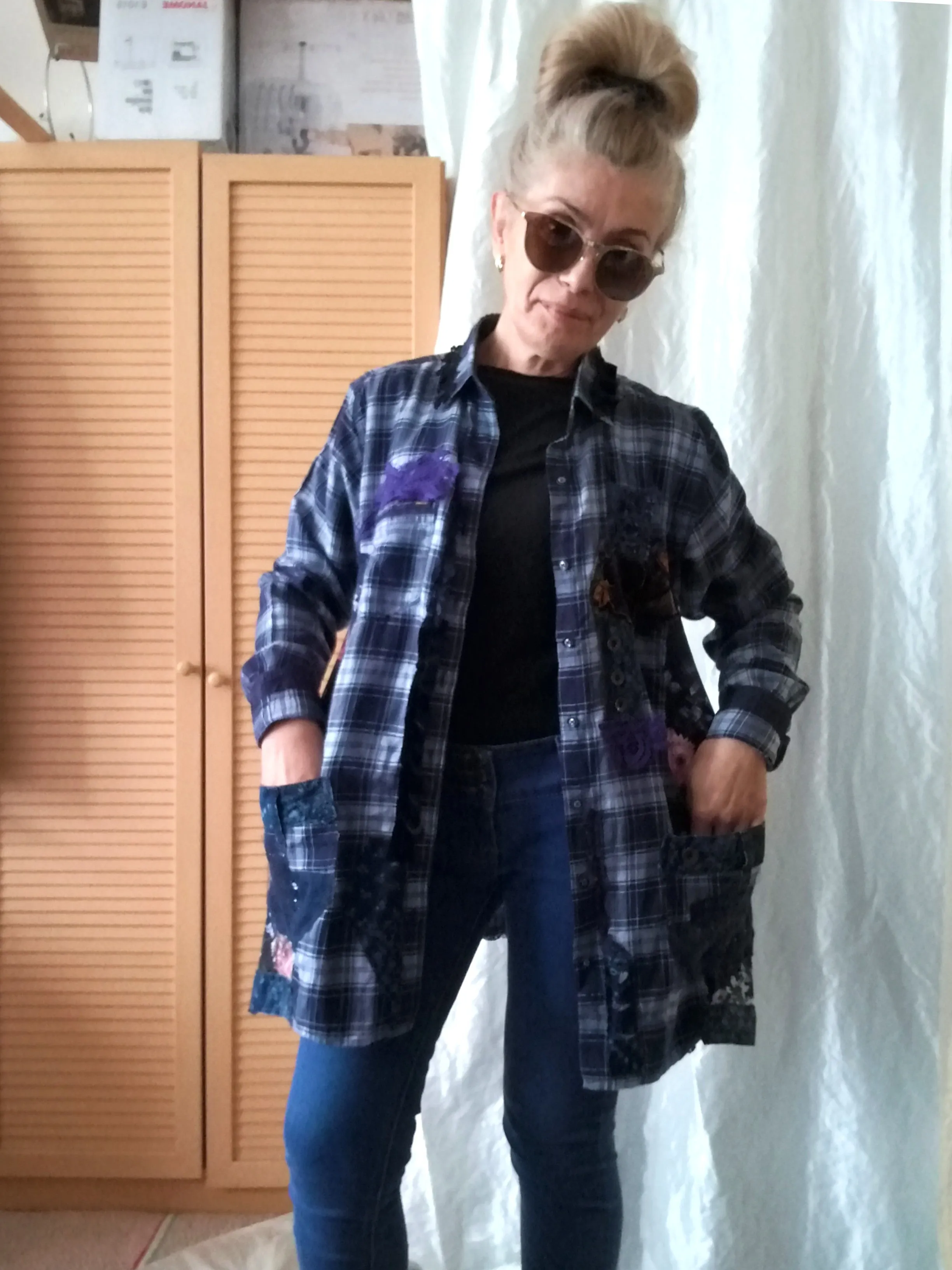 Blue Duster Dress,M Long Plaid Women`s Shirt