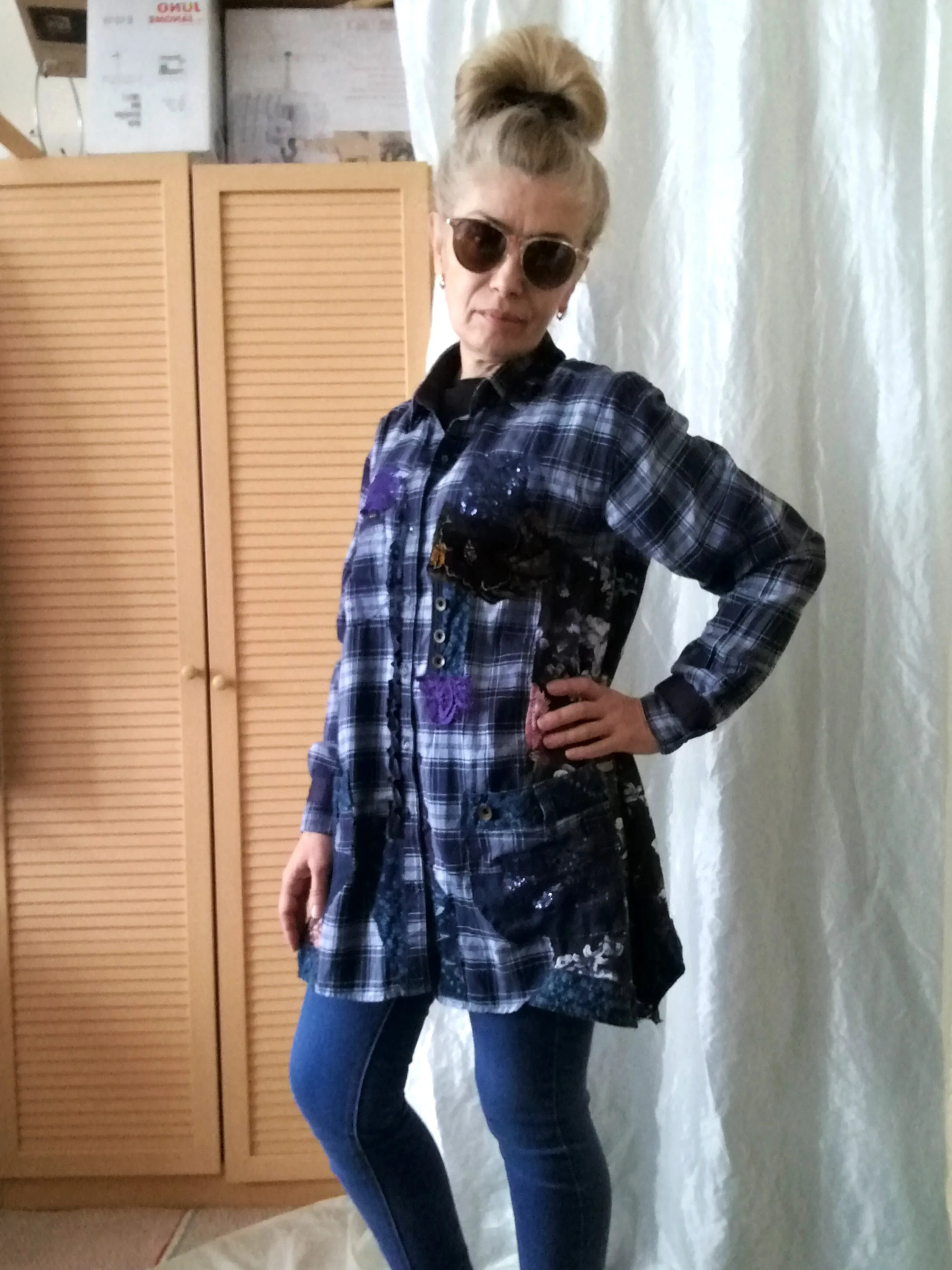 Blue Duster Dress,M Long Plaid Women`s Shirt