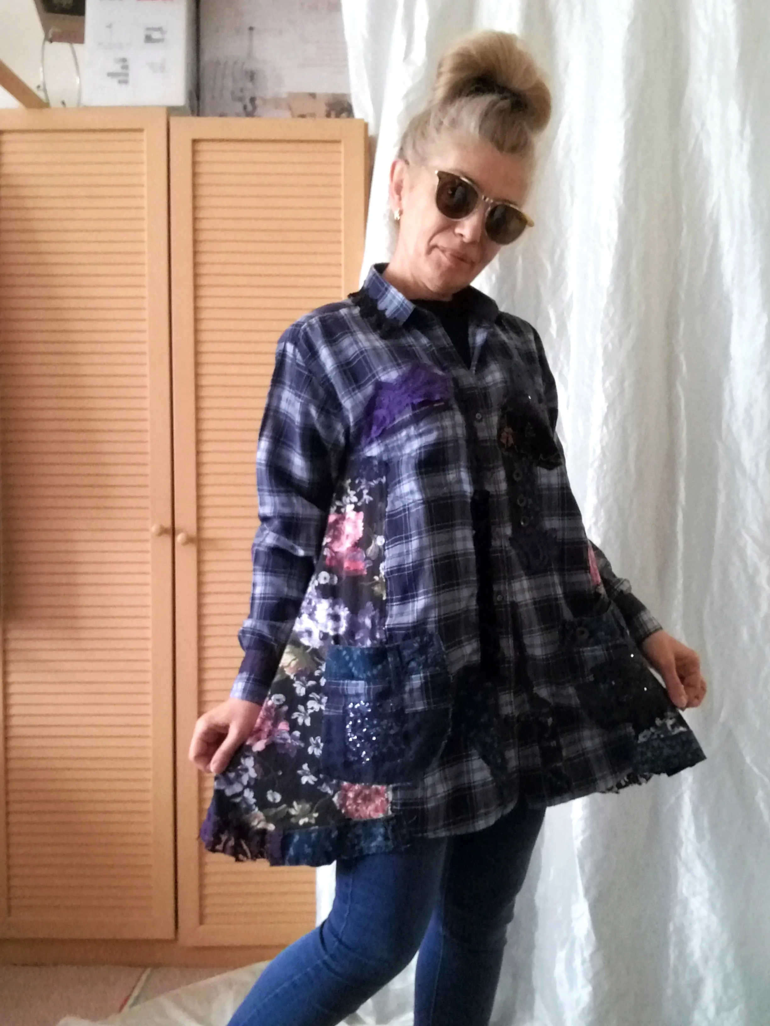 Blue Duster Dress,M Long Plaid Women`s Shirt