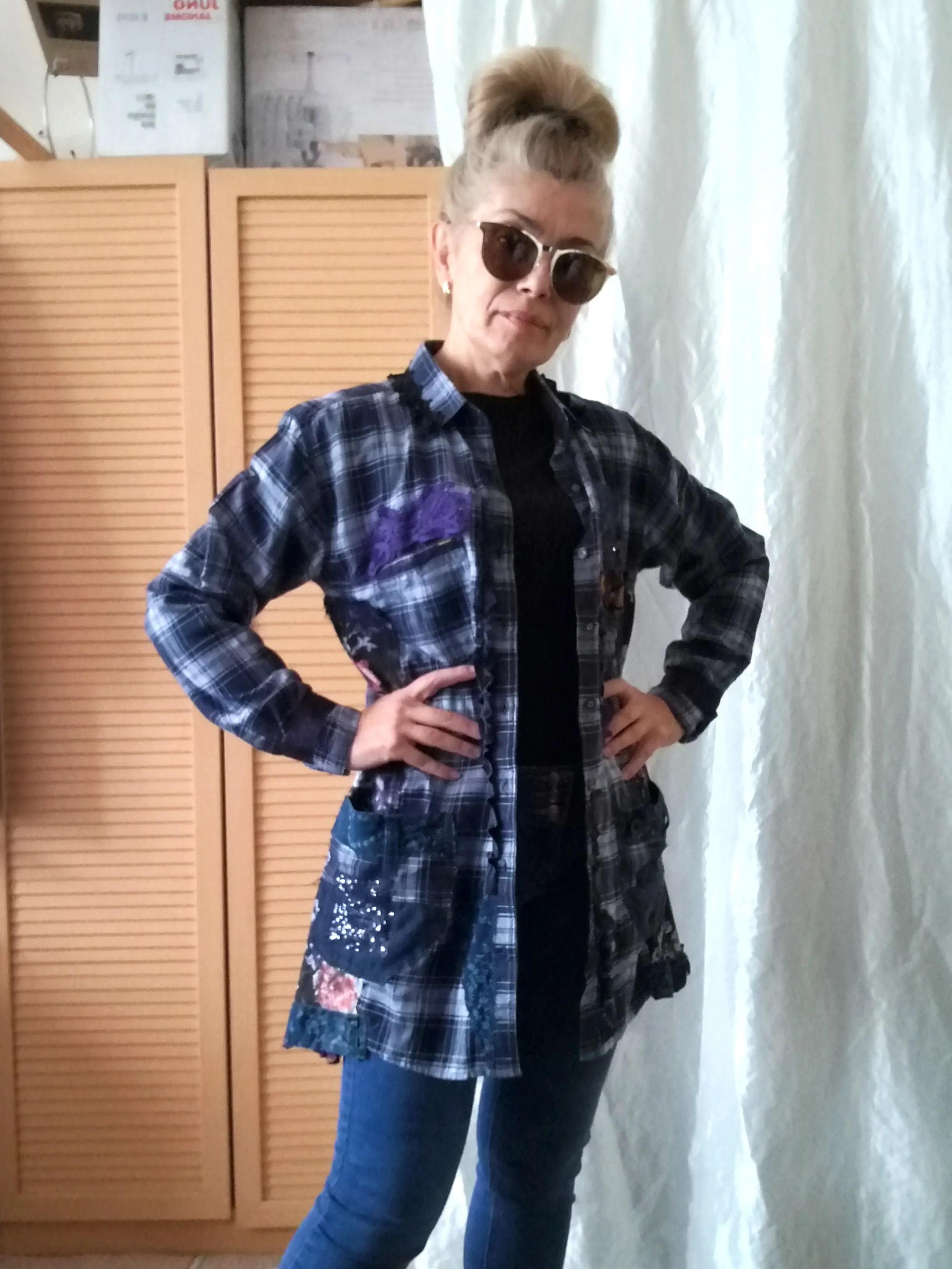 Blue Duster Dress,M Long Plaid Women`s Shirt