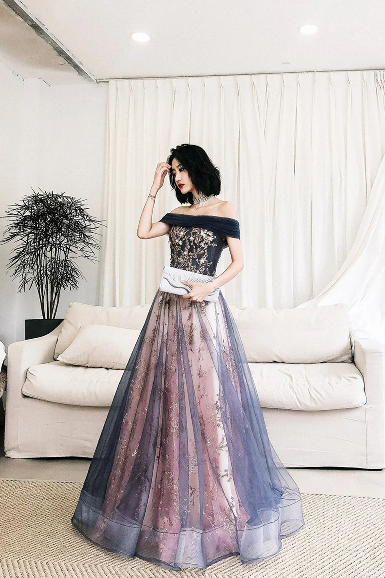 Blue Tulle Off the Shoulder Prom Dress with Sequins