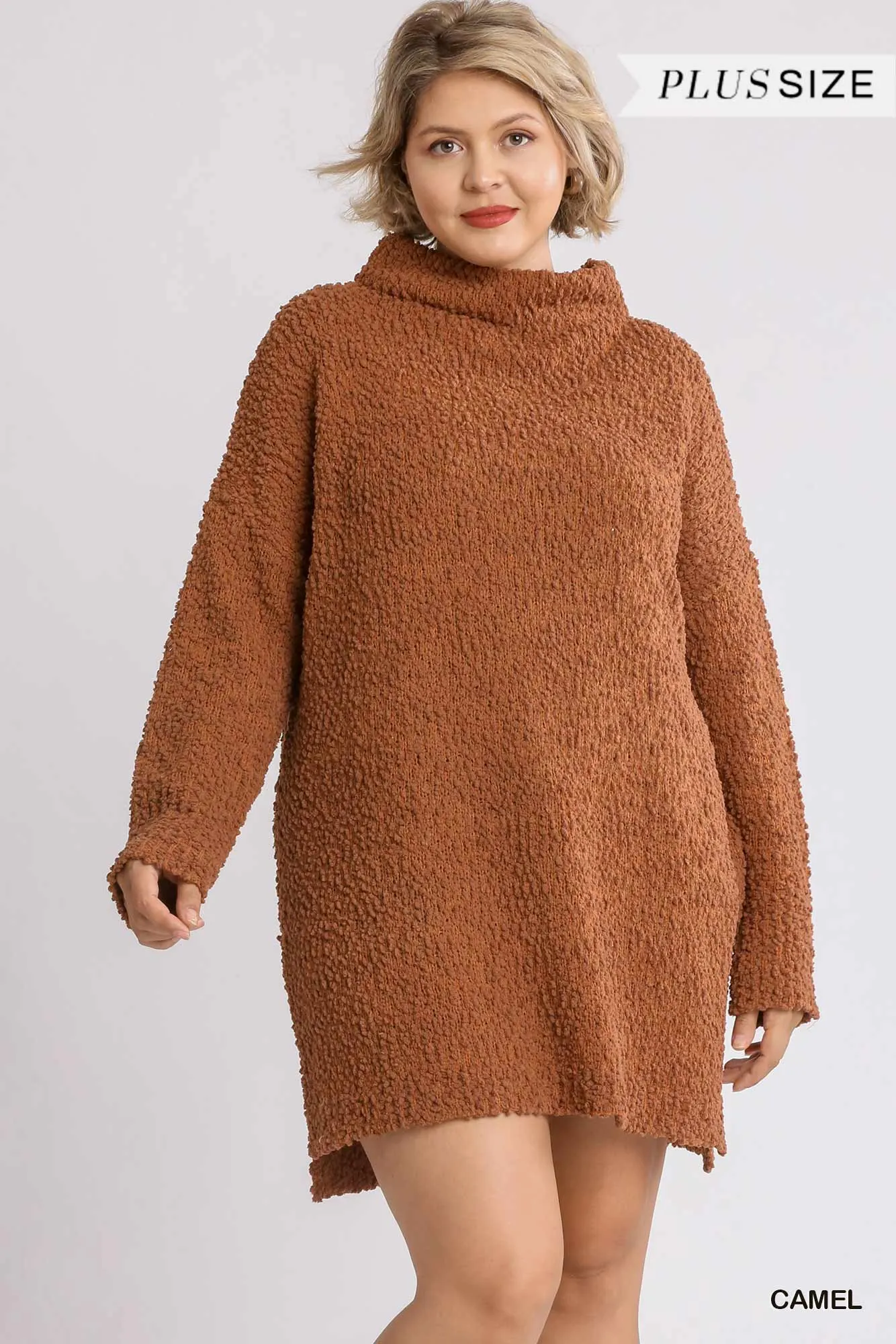 Blue Zone Planet |  High Cowl Neck Bouclé Long Sleeve Sweater Dress