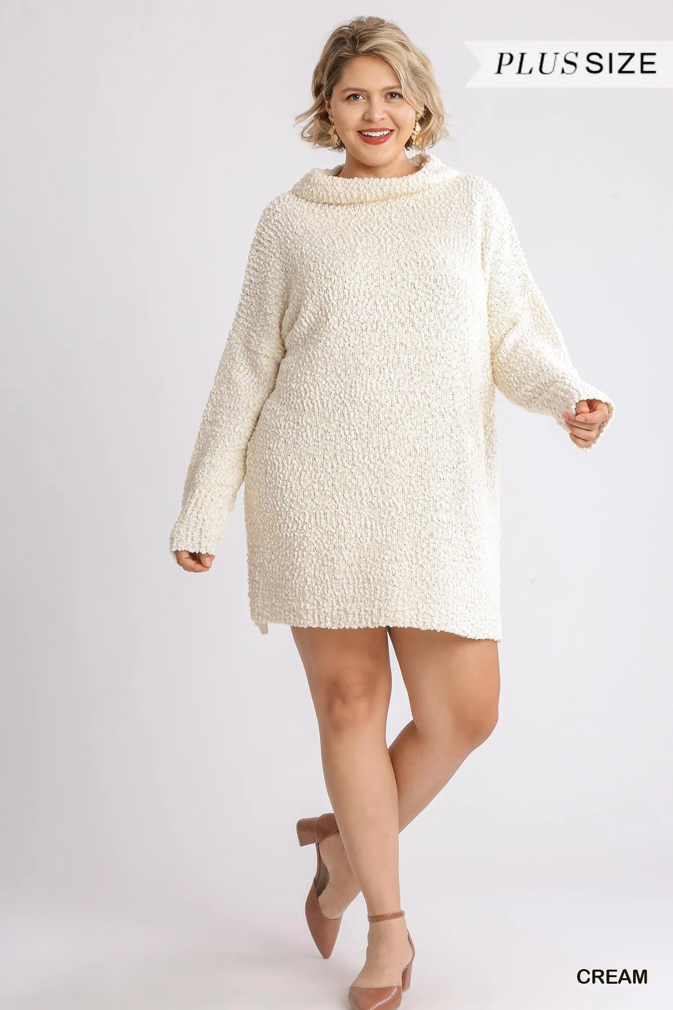 Blue Zone Planet |  High Cowl Neck Bouclé Long Sleeve Sweater Dress