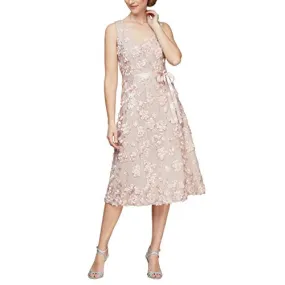 Blush Women's Tea Length Dress with Rosette Detail Petite and Regular - Alex Evenings