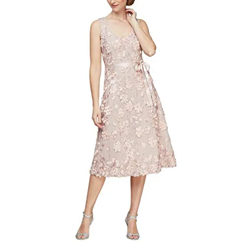 Blush Women's Tea Length Dress with Rosette Detail Petite and Regular - Alex Evenings