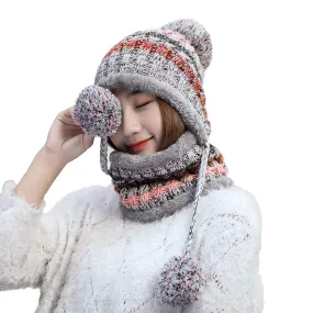 Bobble Hat and Loop Scarf Set for Women Girls Warm Knitted Pom Hat Interior Thick Fluff Winter Warm Ladies Bobble Hat Loop Scarf Set Grey