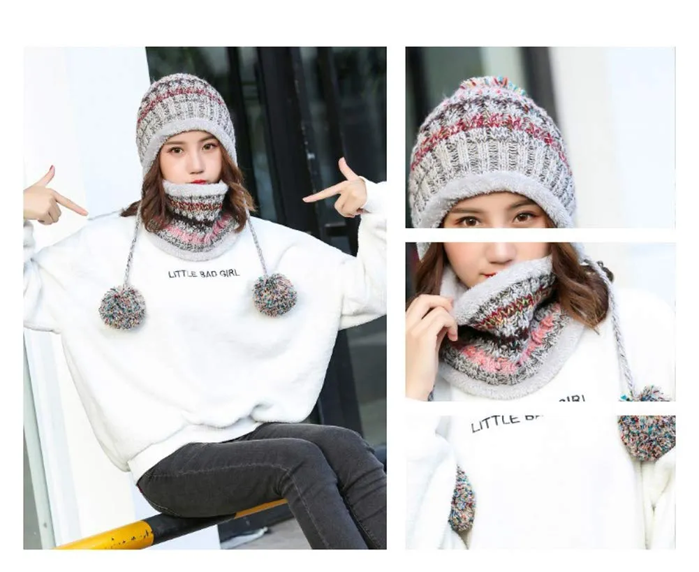 Bobble Hat and Loop Scarf Set for Women Girls Warm Knitted Pom Hat Interior Thick Fluff Winter Warm Ladies Bobble Hat Loop Scarf Set Grey