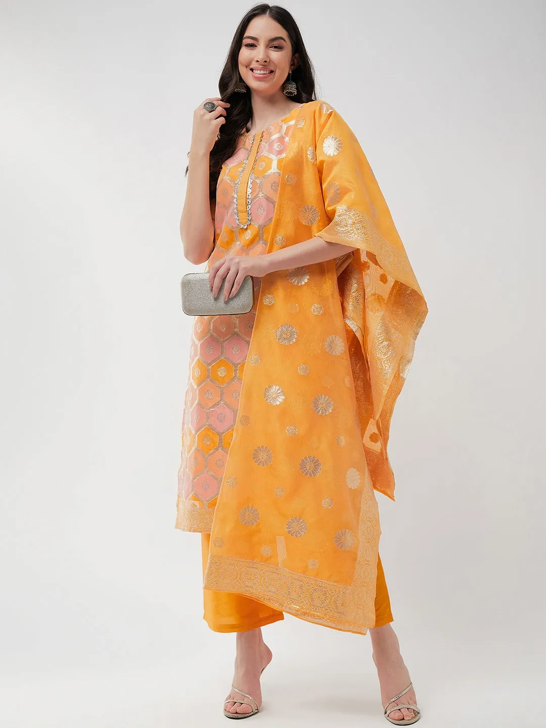 Brocade Jacquard Festive Kurta With Dupatta And Matching Pants