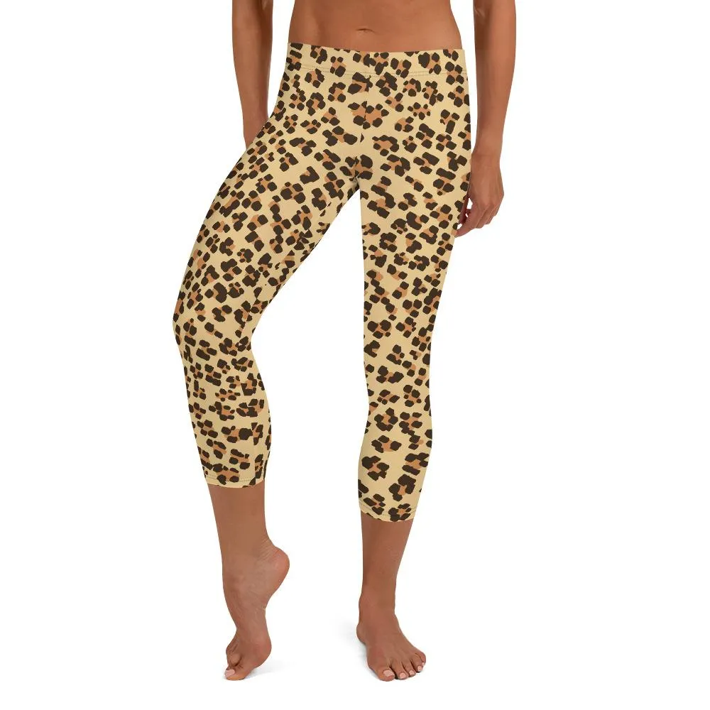 Brown Leopard Capri Leggings, Animal Print Women's Capris Pants Fashion Tights- Made in USA/ EU