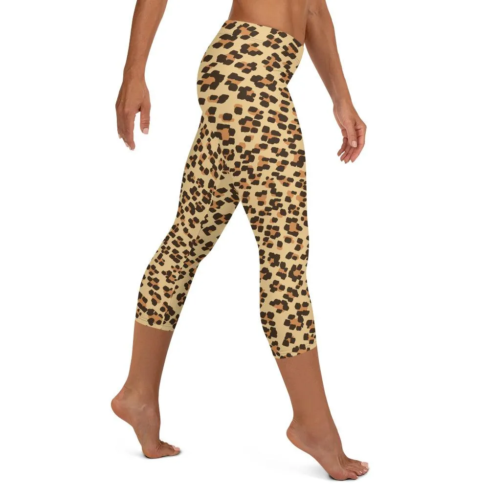 Brown Leopard Capri Leggings, Animal Print Women's Capris Pants Fashion Tights- Made in USA/ EU