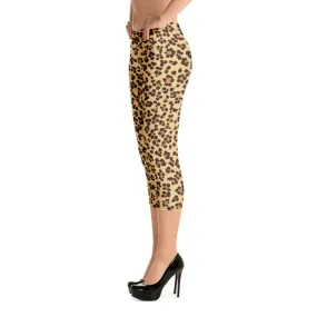 Brown Leopard Capri Leggings, Animal Print Women's Capris Pants Fashion Tights- Made in USA/ EU