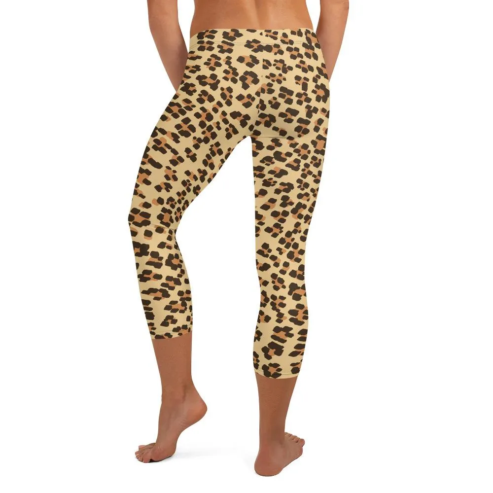 Brown Leopard Capri Leggings, Animal Print Women's Capris Pants Fashion Tights- Made in USA/ EU