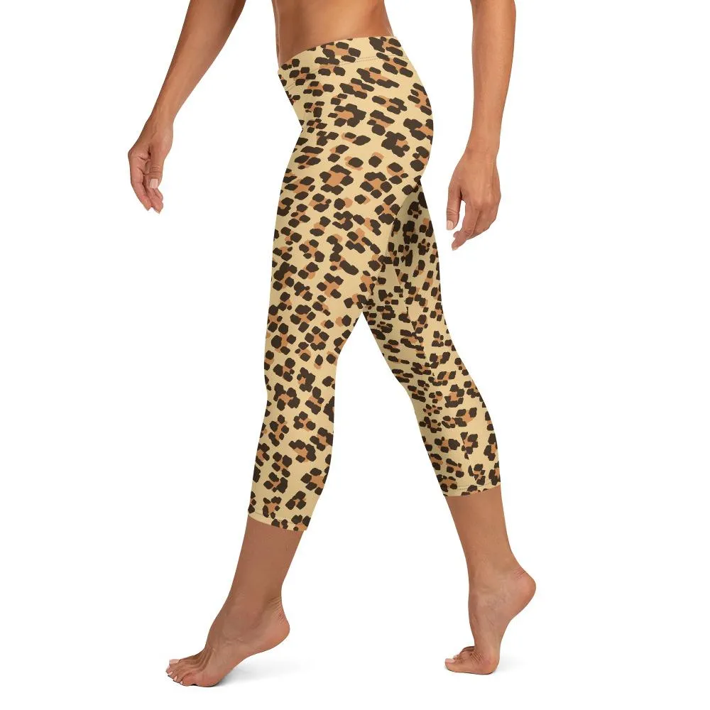 Brown Leopard Capri Leggings, Animal Print Women's Capris Pants Fashion Tights- Made in USA/ EU