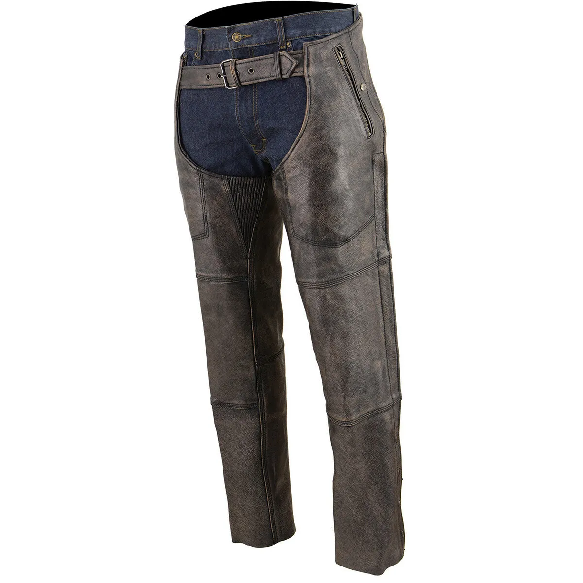 Brown MLM5500BGE Distressed Brown Leather Snap Out Thermal Lined 4-Pockets Motorcycle Chap